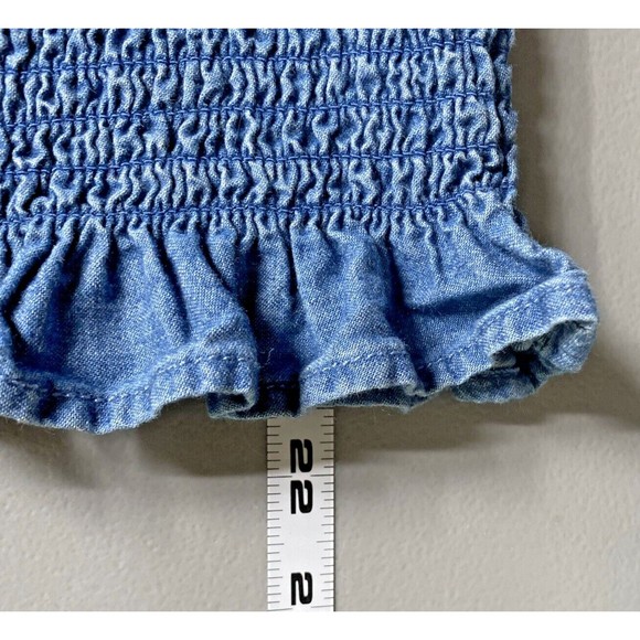 Retro 70s Chambray Top M Denim Blue On or Off Shoulder Wide Ruched Waist Ruffle - Picture 11 of 12